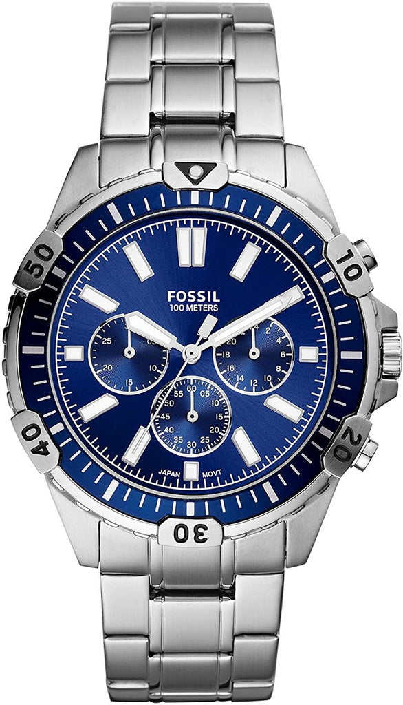 Fossil Garrett Chronograph Blue Dial Silver Steel Strap Watch for Men