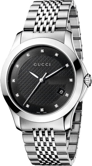 Gucci G Timeless Diamonds Black Dial Silver Steel Strap Watch For Men - YA126405