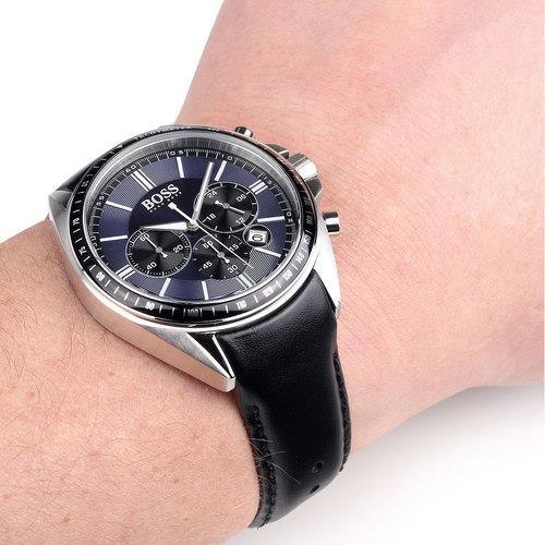 Hugo Boss Driver Sport Chronograph Blue Dial Black Leather Strap Watch for Men - 1513077