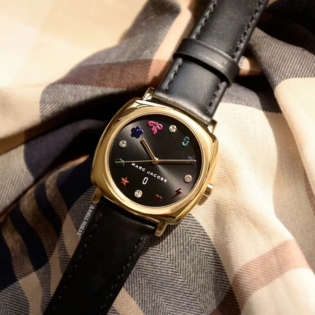 Marc Jacobs Mandy Black Dial Black Leather Strap Watch for Women