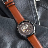 Fossil Townsman Automatic Skeleton Black Dial Brown Leather Strap Watch for Men - ME3181