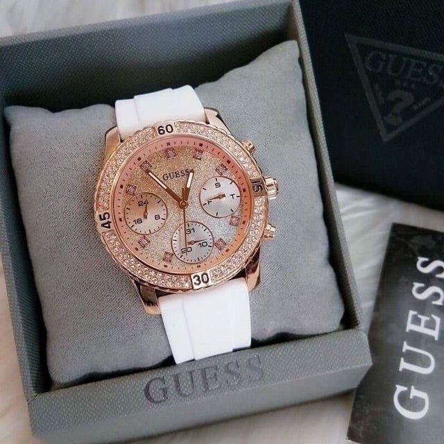 Guess Confetti Crystal Rose Gold Dial White Silicone Strap  display picture 3