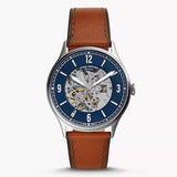 Fossil Forrester Luggage Automatic Skeleton Blue Dial Brown Leather Strap Watch for Men - ME3179