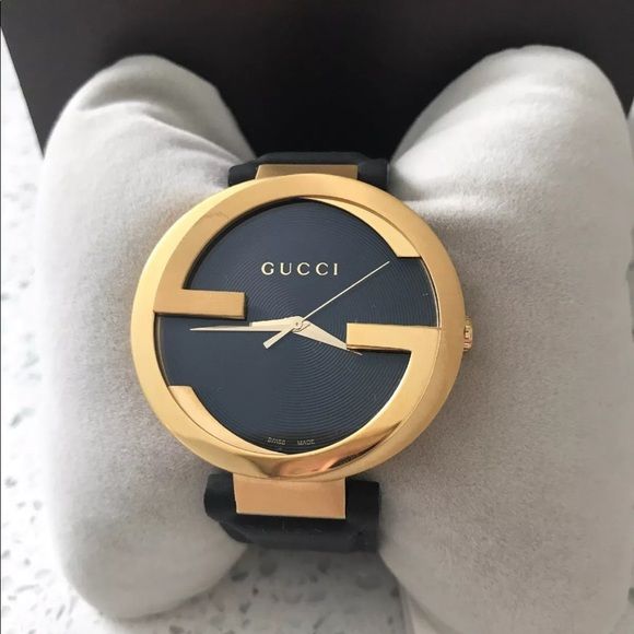 Gucci Interlocking G Gold Black Dial Black Leather Strap Unisex Watch