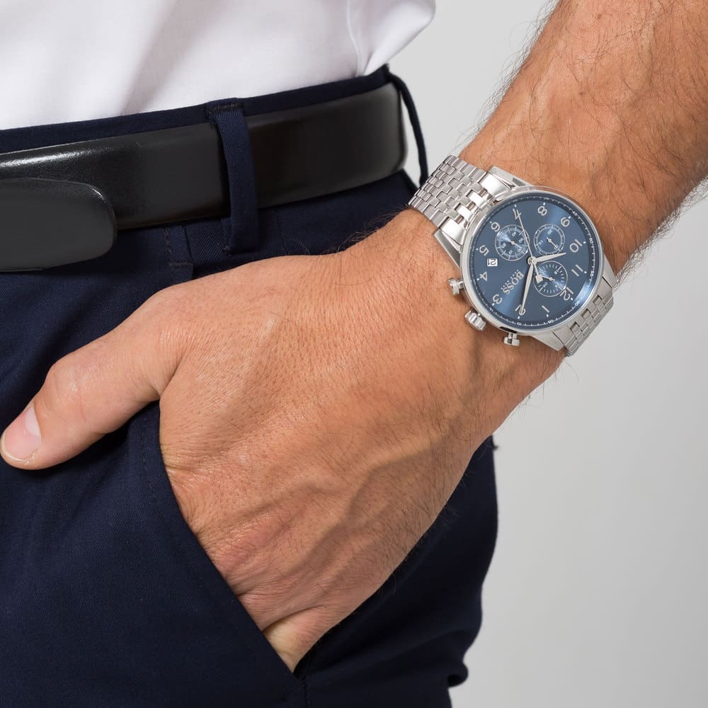 Hugo Boss Navigator Chronograph Blue Dial Silver Steel Strap Watch for Men