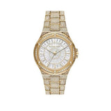 Michael Kors Lennox Three Hand Crystals White Dial Gold Steel Strap Watch For Women - MK6991