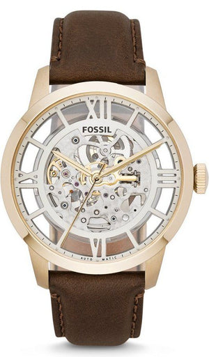 Fossil Townsman Automatic Skeleton Gold Dial Brown Leather Strap Watch for Men - ME3043