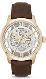 Fossil Townsman Automatic Skeleton Gold Dial Brown Leather Strap Watch for Men - ME3043