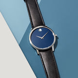 Movado Museum Classic Blue Dial Black Leather Strap Watch for Men - 0607197