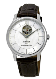 Tissot T Classic Tradition Powermatic 80 Open Heart Silver Dial Brown Leather Strap Watch for Men - T063.907.16.038.00