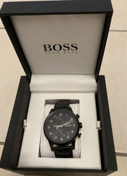 Hugo Boss Navigator Chronograph Black Dial Black Leather Strap Watch for Men - 1513497