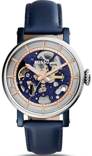 Fossil Boyfriend Skeleton Blue Dial Blue Leather Strap Watch for Women - ME3136