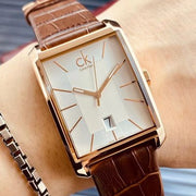 Calvin Klein Window Silver Dial Brown Leather Strap Watch for Men - K2M21126