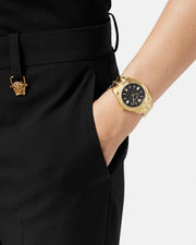 Versace Chain Reaction Quartz Black Dial Two Tone Steel Strap Watch for Men - VEDY00619