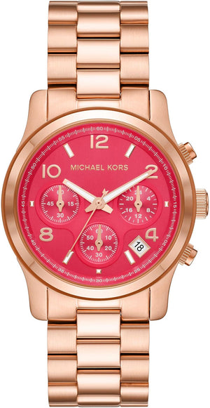 Michael Kors Runway Chronograph Pink Dial Rose Gold Steel Strap Watch For Women - MK7352