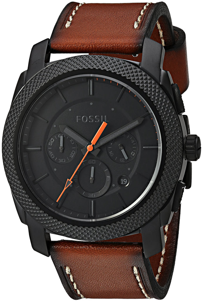 Fossil Machine Chronograph Black Dial Brown Leather Strap Watch