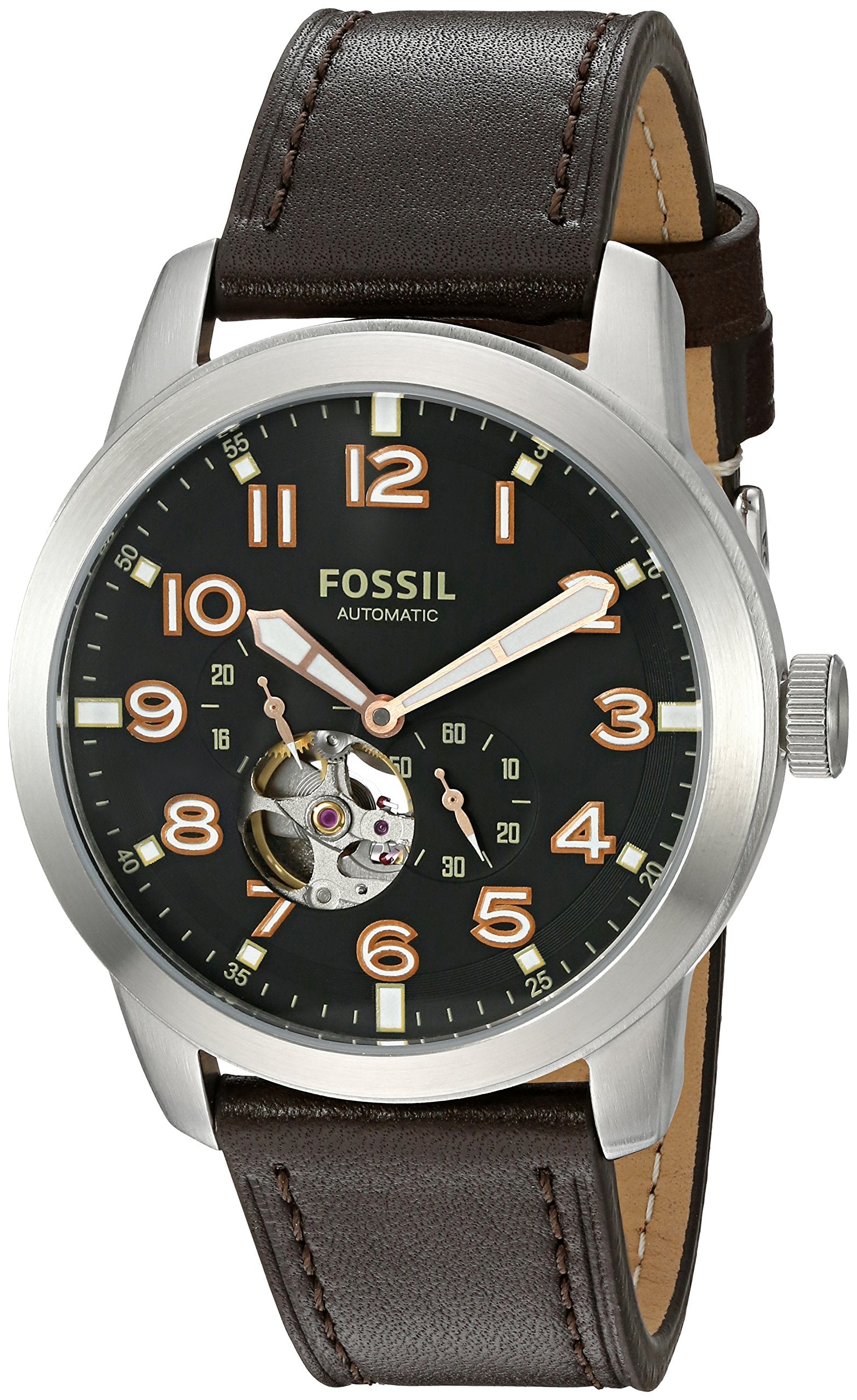 Fossil Pilot 54 Automatic Black Dial Brown Leather Strap Watch for Men