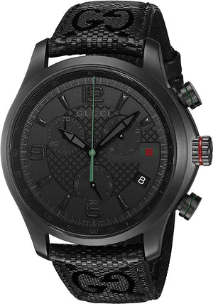 Gucci G Timeless Quartz Chronograph Black Dial Black Leather Strap Watch For Men - YA126244