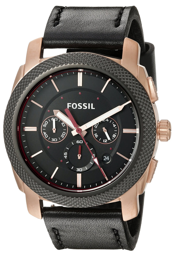 Fossil Machine Chronograph Black Dial Black Leather Strap Watch