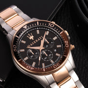 Maserati SFIDA Chronograph Black Dial Two Tone Steel Strap Watch For Men - R8873640009