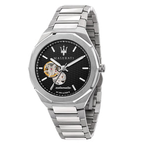 Maserati Stile Skeleton Automatic Black Dial Silver Steel Strap Watch For Men - R8823142002