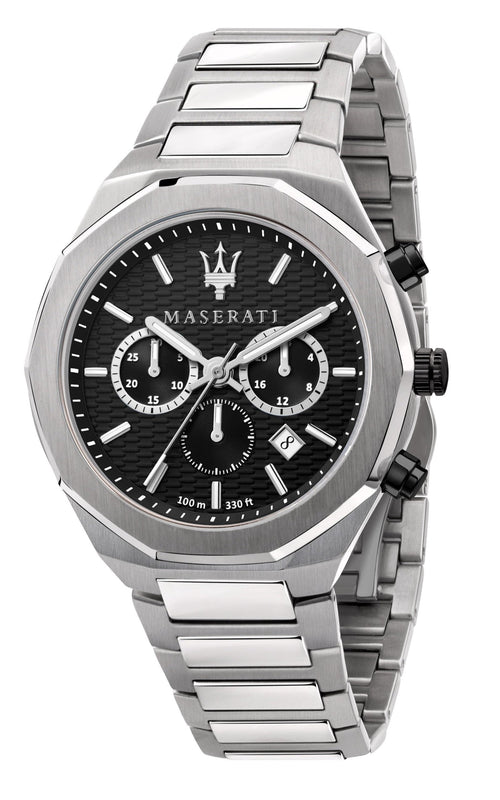 Maserati Stile Chronograph Black Dial Silver Steel Strap Watch For Men