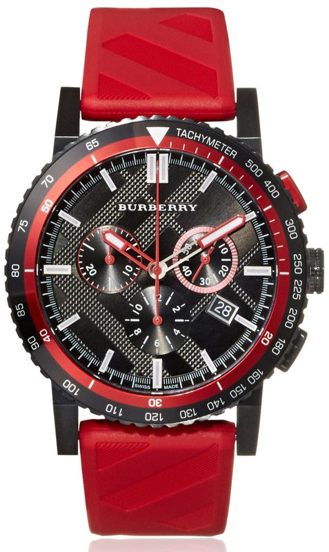 Burberry The City Chronograph Black Dial Red Rubber Strap Watch For Men