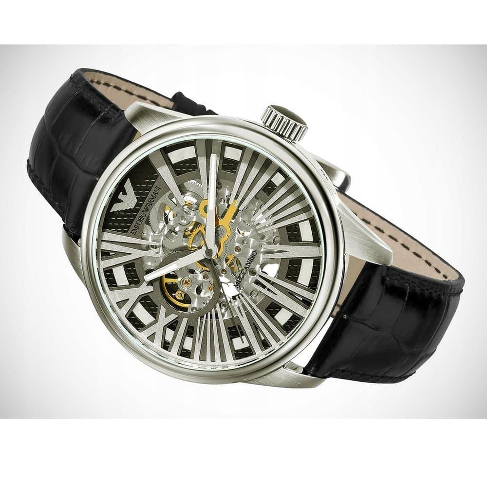 Emporio Armani Meccanico Automatic Black Dial Leather Strap Watch