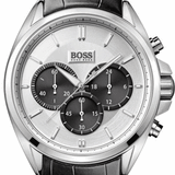 Hugo Boss Driver Chronograph Quartz Silver Dial Black Leather Strap Watch For Men - 1512880