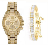 Michael Kors Mini Bradshaw Crystals Gold Dial Gold Steel Strap Watch For Women - MK6494