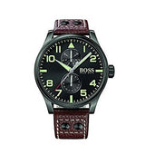 Hugo Boss Aeroliner Day Date Black Dial Brown Leather Strap Watch For Men - HB1513079