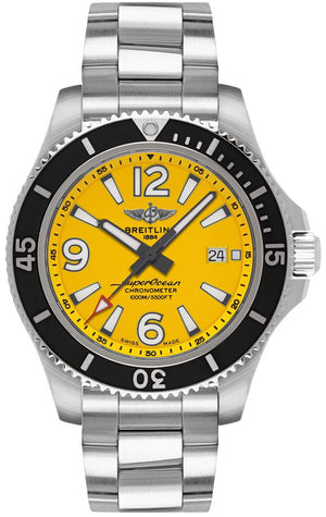 Breitling Superocean II Automatic 44mm Yellow Dial Silver Steel Strap Watch for Men - A17367021I1A1