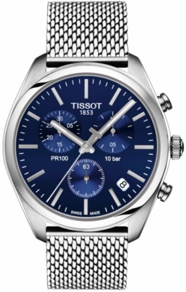 Tissot PR 100 Chronograph Blue Dial Silver Mesh Bracelet Watch for