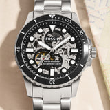 Fossil FB-01 Automatic Skeleton Black Dial Silver Steel Strap Watch for Men - ME3190