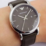 Emporio Armani Classic Quartz Grey Dial Grey Leather Strap Watch For Men - AR1730