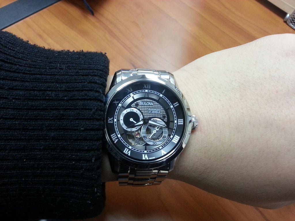 Bulova BVA Dual Aperture Black Dial Silver Steel Strap Watch