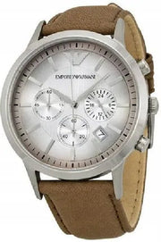 Emporio Armani Classic Chronograph Silver Dial Brown Leather Strap Watch For Men - AR2471