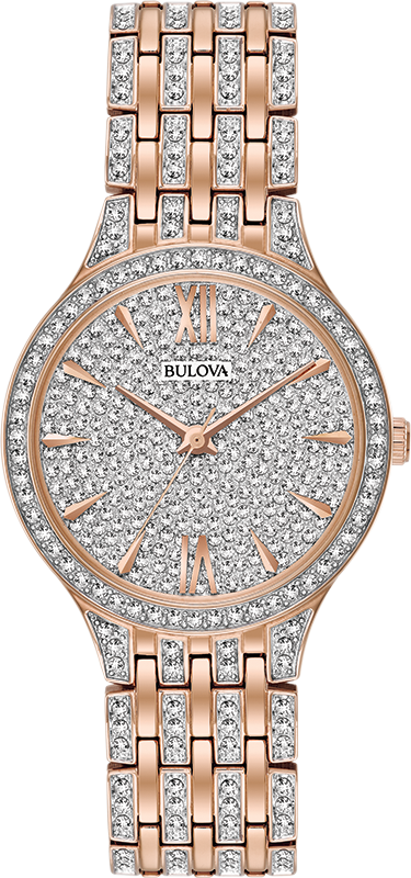Bulova Crystal Collection Silver Dial Rose Gold Steel Strap Watch