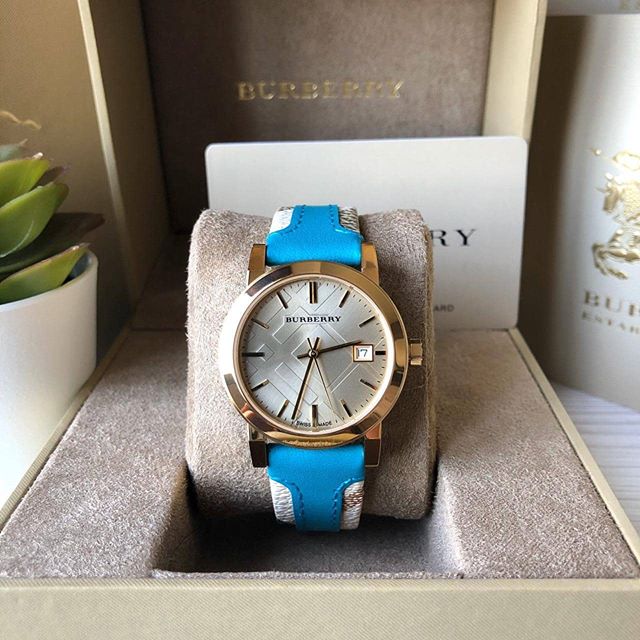 Burberry The City Gold Dial Blue Leather Strap Watch for Women