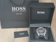 Hugo Boss Ikon Chronograph Black Dial Black Leather Strap Watch for Men - 1513178