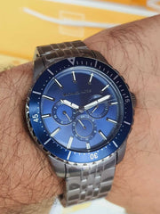 Michael Kors Chronograph Cunningham Multifunction Blue Dial Grey Steel Strap Watch For Men - MK7155