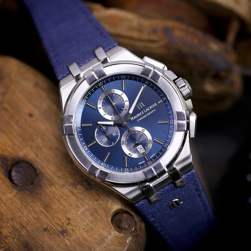 Chronograph Blue Aikon Maurice Blue Lacroix for Strap Dial Men Leather Watch