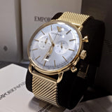 Emporio Armani Aviator Chronograph Quartz Beige Dial Gold Mesh Bracelet Watch For Men - AR11315