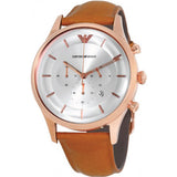 Emporio Armani Quartz Silver Dial Brown Leather Strap Watch For Men - AR11043