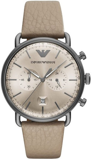 Emporio Armani Aviator Chronograph Quartz Grey Dial Beige Leather Strap Watch For Men - AR11107