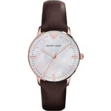 Emporio Armani Classic Quartz Mother of Pearl Dial Brown Leather Strap Watch For Women - AR1601