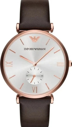 Emporio Armani Classic Analog Silver Dial Brown Leather Strap Watch For Men - AR9038