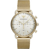 Emporio Armani Aviator Chronograph Quartz Beige Dial Gold Mesh Bracelet Watch For Men - AR11315