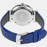 Emporio Armani Gianni T Bar Quartz Crystals Silver Dial Blue Leather Strap Watch For Women - AR11344