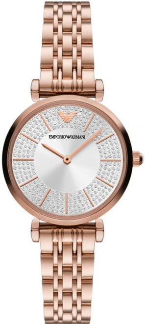 Emporio Armani Gianni T-Bar Crystals Silver Dial Rose Gold Steel Strap Watch For Women - AR11446